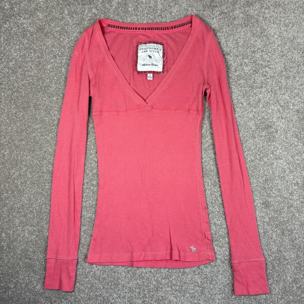 Abercrombie & Fitch Pink Ribbed V-Neck Long Sleeve Top Vintage Small